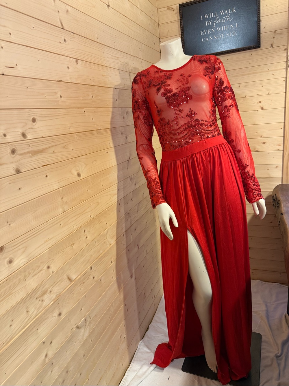 Red Long-Sleeve Sequin Mesh Evening Dress with High Slit
